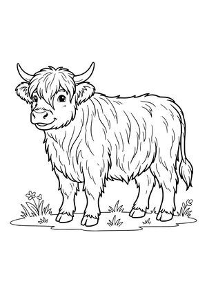 Highland cow with a long shaggy coat, curved horns and bangs standing on grass with small flowers – coloring page to print