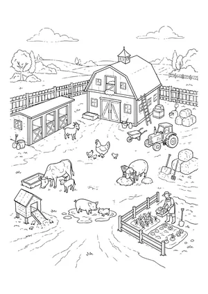 Bird’s-eye view of a farm with a barn and ladder, stable, tractor, wheelbarrow, hay bales, cow and calf, pig and piglet in mud, sheep eating hay, goat, hen with chicks, chicken coop and a farmer at the veggie patch – coloring page to print