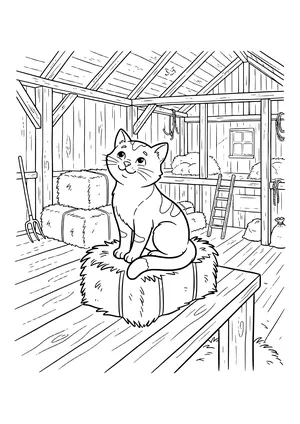 Spotted barn cat sitting on a hay bale in the hayloft of a wooden barn with roof beams, hay bales, pitchfork, ladder, ropes and window – coloring page to print
