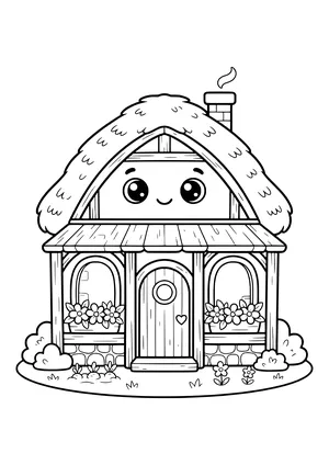 Small hut with a thatched roof, chimney, porch roof, two arched windows with flower boxes, a wooden door with a heart and a smiling face in the gable – coloring page to print