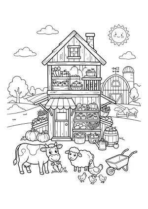 Two-story wooden farm shop with an awning and shelves full of carrots, apples, tomatoes, grapes, corn and pumpkins, with a cow, sheep, hen and three chicks, a watering can, barrel and wheelbarrow in front and a barn with a silo behind – coloring page to print