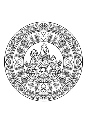 Round mandala with a patterned hen and two chicks in the center, surrounded by sunflowers, wheat stalks, leaves and hearts – coloring page to print