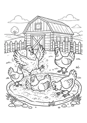 Five chickens in a dusty hollow lined with stones in front of a wooden barn with a fence, tree, hills and clouds – coloring page to print