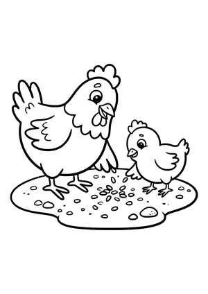 Smiling hen and small chick pecking grain on a patch of dirt with little pebbles – coloring page to print
