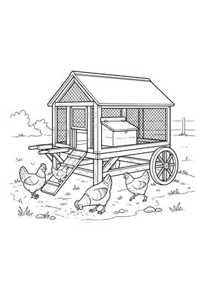 Wooden chicken house on stilts with a spoked wheel, wire mesh, nesting box, perches and a ramp in a meadow, with four hens pecking around it – coloring page to print