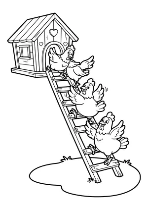 Three laughing chickens flapping up a wooden ladder to a raised chicken coop with hearts and a window – coloring page to print