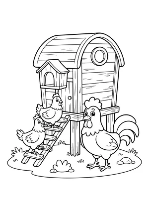 Wooden chicken coop on stilts with a round window and a nest box, two hens on the ladder and a rooster in front – coloring page to print