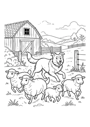 Running herding dog guiding three woolly sheep and a lamb across a pasture, with a wooden barn, fences, hills and trees in the background – coloring page to print