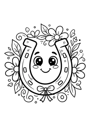 Smiling horseshoe with big eyes, nail holes and a bow, framed by flowers, leaves and swirls – coloring page to print
