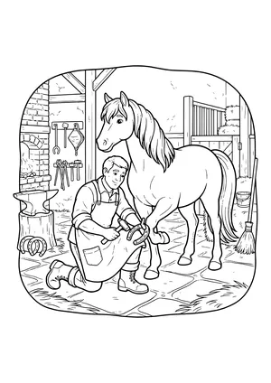 Kneeling farrier in a leather apron holding a hammer and horseshoe to a horse’s lifted front hoof, with a brick forge, anvil, tools on the wall, horseshoes on the floor, hay bales and a broom – coloring page to print