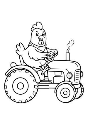 Laughing chicken in a bandana steering a small tractor with big treaded tires and a puff of smoke from the exhaust – coloring page to print