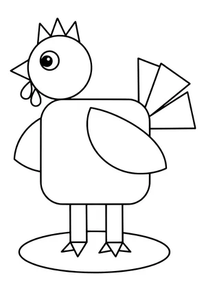 Chicken made of geometric shapes with a circle head, square body, triangle comb and tail, half-circle wings and rectangle legs on an oval – coloring page to print