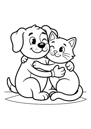 Floppy-eared dog and whiskered cat sitting together and hugging with big smiles – coloring page to print