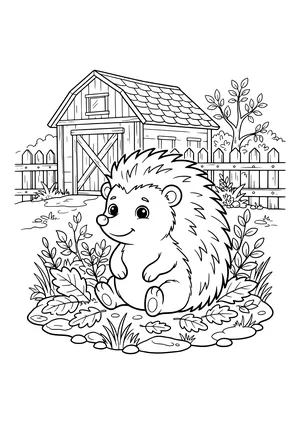 Smiling hedgehog sitting among leaves, twigs and grass with a wooden barn, picket fence, bushes and tree behind – coloring page to print