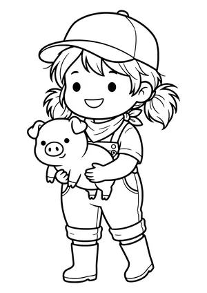 Girl in a cap, pigtails, bandana, overalls and rubber boots carrying a smiling piglet – coloring page to print