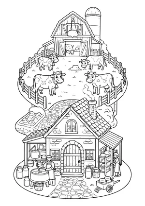 Pasture with four cows in front of a barn and silo at the top, stone cheese house with an arched door below, cheesemaker stirring a kettle, woman at a shelf of cheese wheels, milk cans, baskets, a cart of cheese and a cobblestone path – coloring page to print