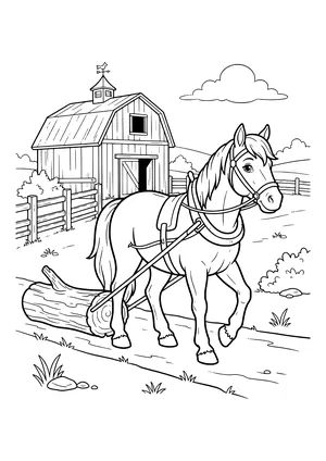 Work horse with a bridle and collar pulling a thick log on traces along a path, with a barn, weather vane and fence behind – coloring page to print