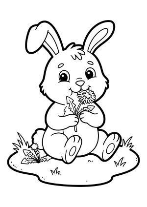 Sitting rabbit with one floppy ear nibbling a dandelion flower with jagged leaves, with another dandelion in the grass – coloring page to print