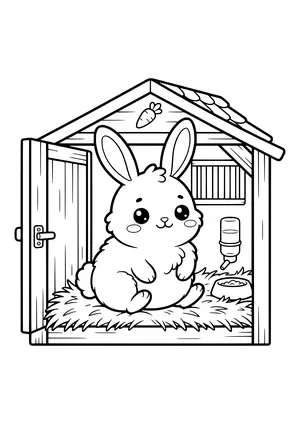 Round kawaii rabbit with long ears sitting on straw in a wooden hutch with an open door, carrot sign, water bottle and food bowl – coloring page to print