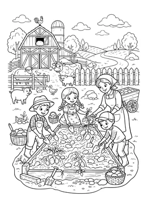 Three kids and a farmer digging potatoes from a wooden garden bed, with baskets, a cart, a garden fork, a barn, a silo and farm animals – coloring page to print
