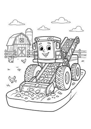 Smiling potato harvester with a cab and conveyor belts full of potatoes in a field, with a barn, silo, wooden fence, a cat and chickens behind it – coloring page to print