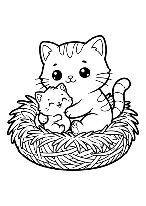 Kawaii tabby cat with big eyes hugging a laughing kitten, both sitting in a round straw nest – coloring page to print