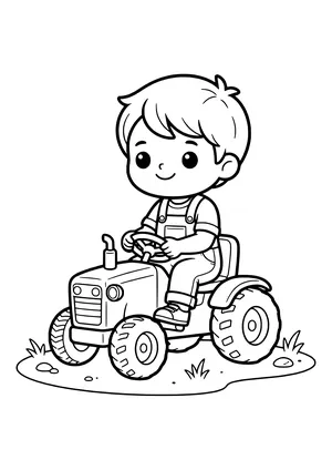Smiling boy in overalls sitting on a small pedal tractor and holding the steering wheel, with grass and pebbles below – coloring page to print