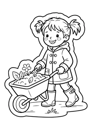 Smiling girl with two pigtails, a raincoat and rubber boots pushing a wheelbarrow with soil and flowers – coloring page to print