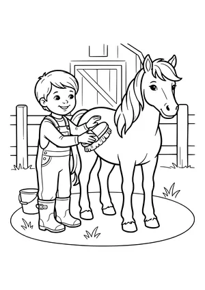Smiling child in overalls and rain boots brushing a pony, with a bucket nearby and a wooden fence and barn door behind – coloring page to print