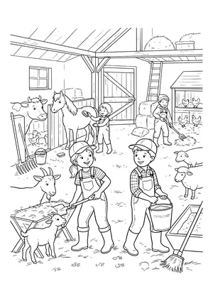 Four kids in overalls helping in the barn: a girl forking hay into a rack for a goat and kid, a boy carrying a bucket, a child brushing a horse and a boy raking straw, with a cow, two sheep, chickens, a ladder and a hayloft – coloring page to print