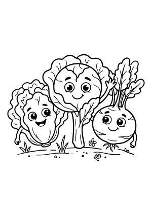 Three smiling vegetables with faces in a garden bed: a head of lettuce, a waving cabbage and a kohlrabi with leaves and little roots – coloring page to print