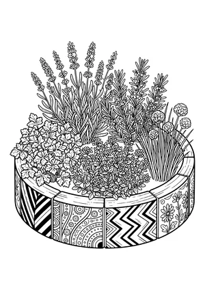 Round herb garden with lavender, rosemary, thyme, parsley and blooming chives, its border decorated with zigzag, circle, stripe and flower patterns – coloring page to print