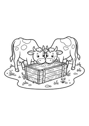Two spotted cows drinking head to head from a wooden trough with metal bands on grass with flowers and pebbles – coloring page to print