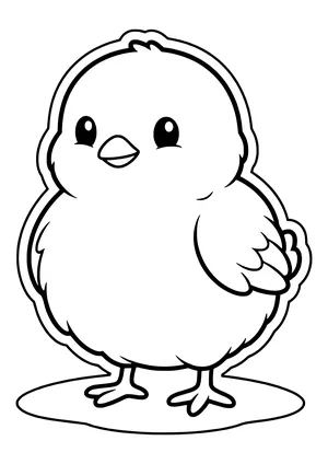 Round fluffy chick with a small beak, a wing and a head tuft standing on an oval patch with a thick outline – coloring page to print