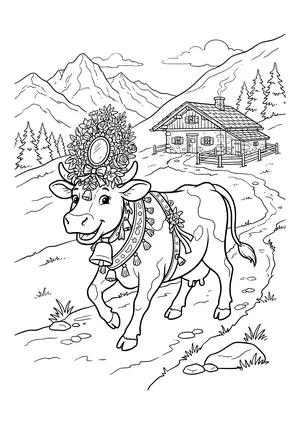 Decorated cow with a flower headdress, mirror, large bell and ornate collar walking down a mountain path in front of a cabin, fir trees and peaks – coloring page to print