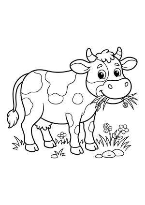 Spotted cartoon cow with a tuft of grass and a clover flower in its mouth, standing among flowers and pebbles – coloring page to print