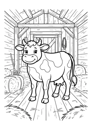 Smiling spotted cow in a wooden barn with roof beams, a barn door, round and square hay bales, a pitchfork and a coiled rope – coloring page to print
