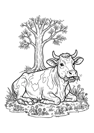 Spotted cow lying with folded legs under a leafy tree in a meadow with clover and flowers, chewing grass – coloring page to print
