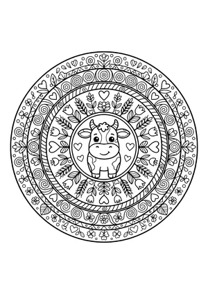 Round mandala with a cute cow in the center surrounded by rings of tulips, wheat, hearts, swirls, flowers and clover – coloring page to print