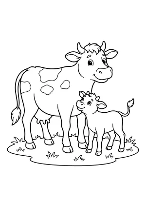 Spotted mother cow with udder and her small calf snuggling against her in a grassy pasture – coloring page to print