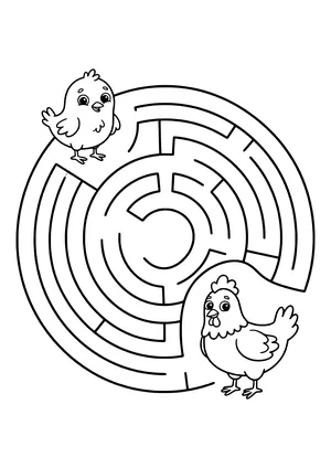 Round maze with circular paths, a little chick at the upper left and a hen waiting at the lower right – coloring page to print