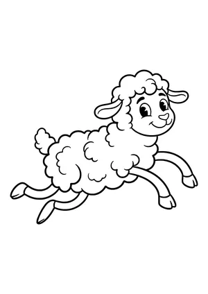 Smiling lamb with curly wool leaping through the air with legs stretched out – coloring page to print