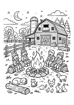 Four kids in knit hats sitting on logs around a campfire in front of a barn and silo at night, with a sleeping dog, cat, hen with chicks, lamb and rabbits – coloring page to print
