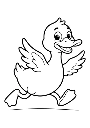 Laughing cartoon duck running with wings spread wide and big webbed feet – coloring page to print