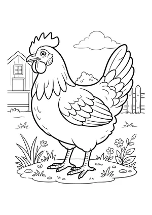 Leghorn hen with a large jagged comb and tall tail standing in grass with flowers in front of a wooden farmhouse and fence – coloring page to print
