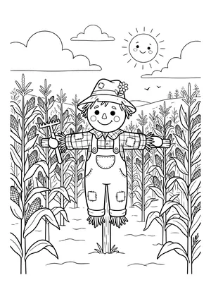 Smiling scarecrow with a hat, plaid shirt, patched overalls and a small rake on a post between tall corn stalks, with a sun and birds above – coloring page to print