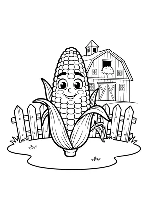 Big smiling ear of corn with round kernels and peeled-back husks in front of a picket fence and a barn with a cupola and hay – coloring page to print