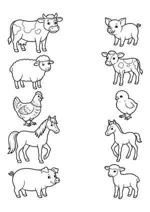 Matching worksheet with a cow, sheep, hen, horse, and pig on the left and a piglet, calf, chick, foal, and lamb on the right – coloring page to print