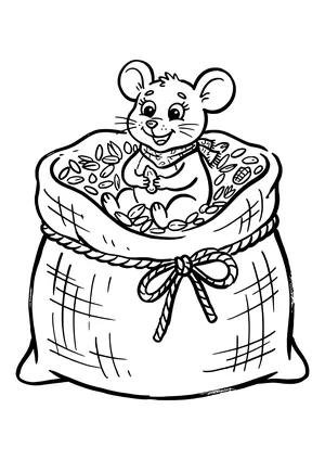 Smiling mouse wearing a scarf sitting in an open burlap sack full of grain and holding a seed, with the sack tied by a rope bow – coloring page to print