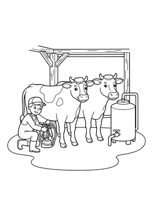 Young milker in a cap crouching with a milking unit beside a spotted cow, a second cow standing next to her and a milk tank with a tap under a wooden frame – coloring page to print